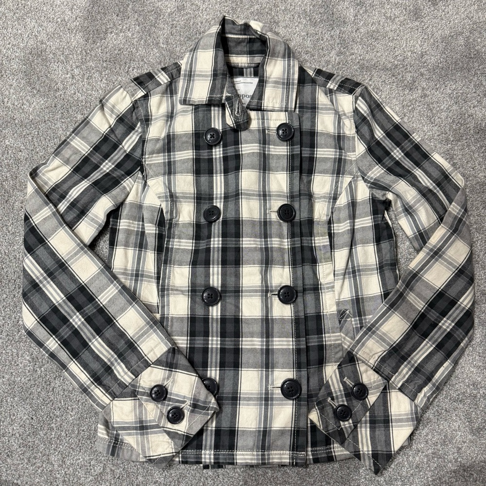 Aeropostale Black, Gray, & off White Plaid Double-Breasted Spring Jacket xsmall